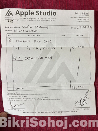MacBook 2019 Pro With Cash Memo